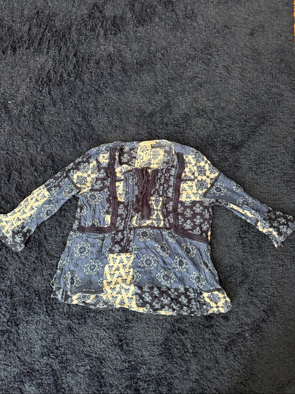 Patchwork print blue tie front tunic top. Size Medium. Gently worn.